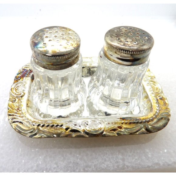 Silver Salt and Pepper Shaker Set on Tray needs polishing NEW - Picture 2 of 3